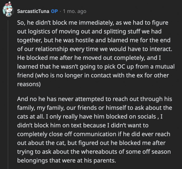 OP replied to the deleted comment about how the breakup went and why she's so against contacting her ex-boyfriend regarding anything.