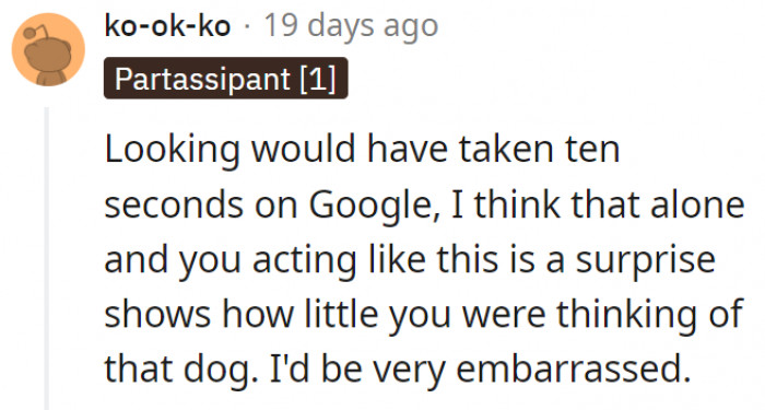 4. Some people think that OP wasn't thinking of the dog enough