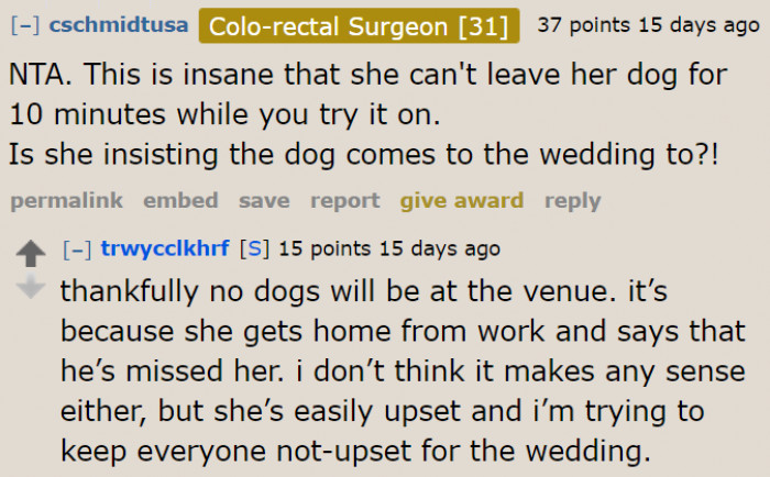 Thank goodness the mom won't bring the dog along to the wedding.