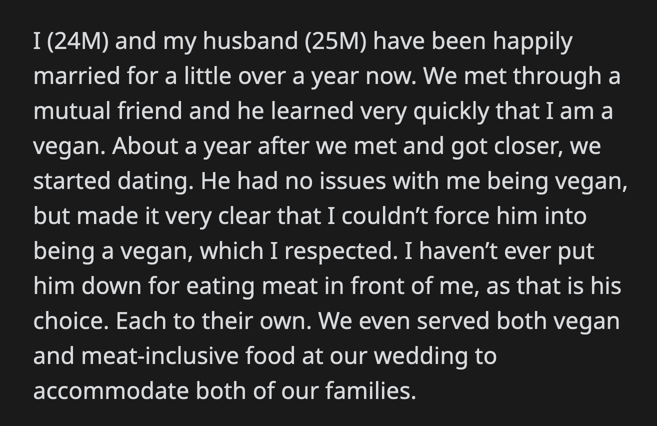 His husband walked away before OP could finish his explanation that he had no agenda with the vegan sandwich.