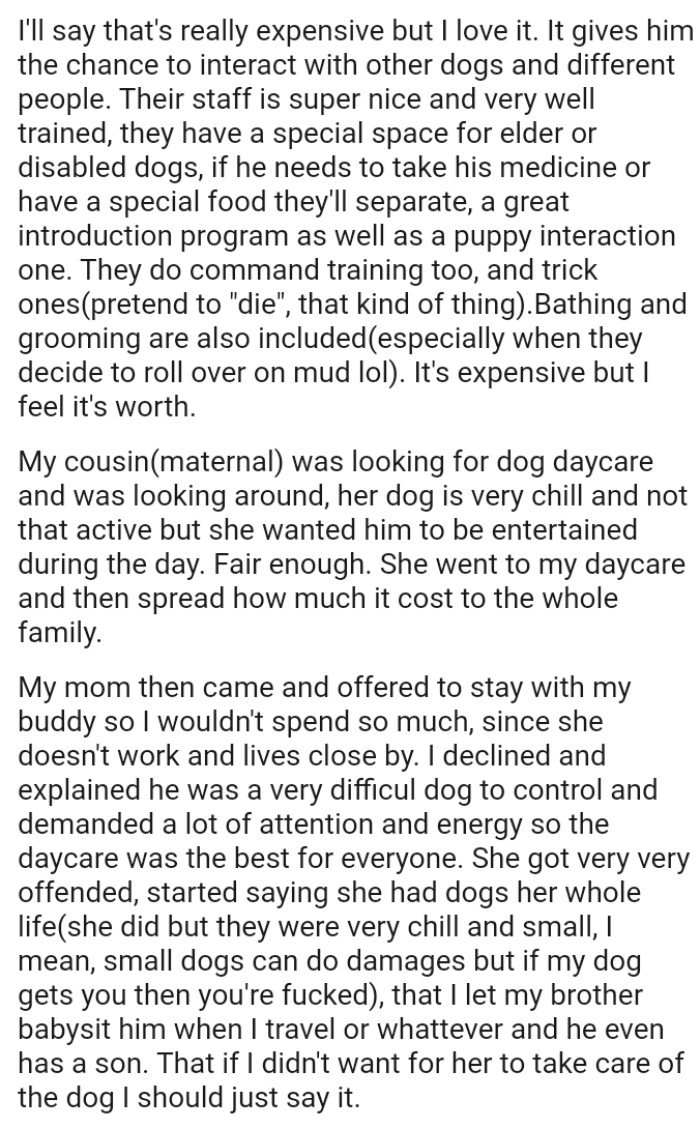 OP's cousin went to her daycare and then spread how much it cost to the whole family