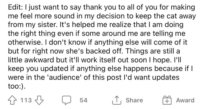 In a later edit, the Redditor said things were still a bit awkward, but her sister had backed off a little.