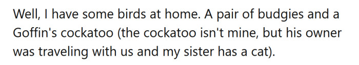 The OP says she has three birds at home.