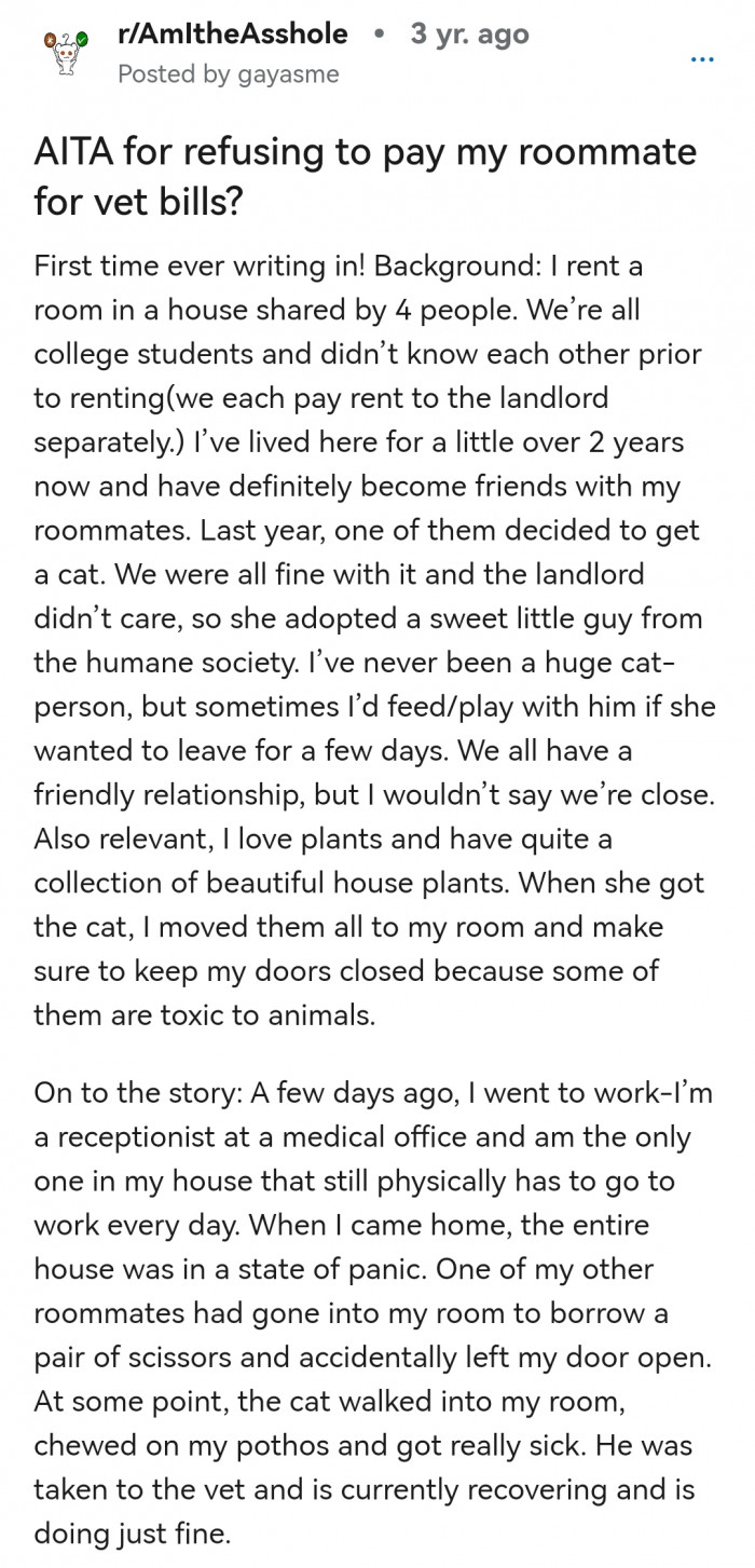 1. The Reddit post where OP shared the story why she chose not to pay for her roommate's vet bills.
