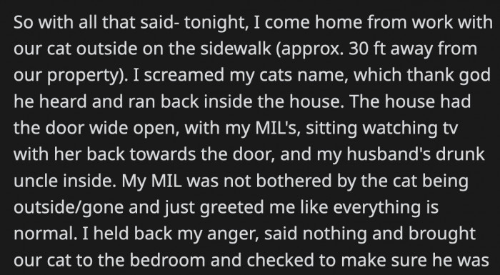 OP was angry and disappointed to find their cat outside of their home and didn't return her MIL's greeting