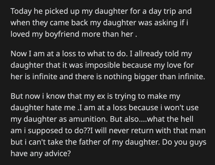 When that didn't work either, he tried to turn their daughter against OP