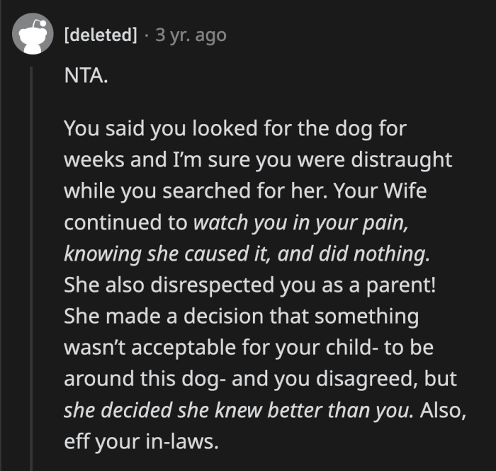 OP's wife watched him distraught over his missing dog. She lied to his face while he searched for a dog she knew was in a pound.