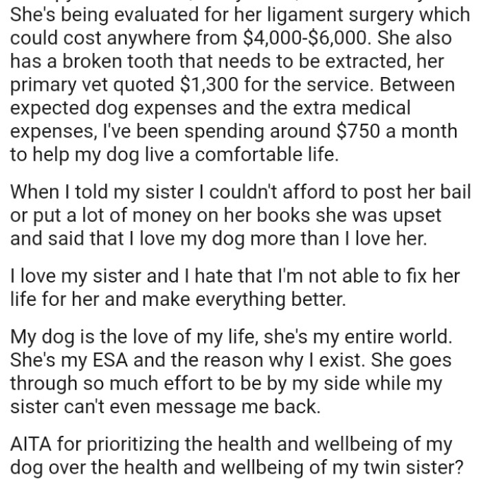 OP had to tell her sister that she couldn't afford to post her bail or put a lot of money on her books