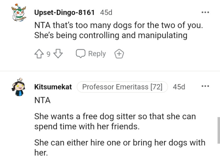 She can hire a dog sitter or take them along with her.