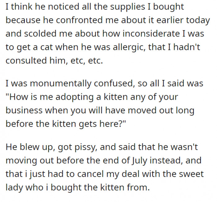The roommate notices OP’s cat supplies and tells him that OP was inconsiderate—the audacity.