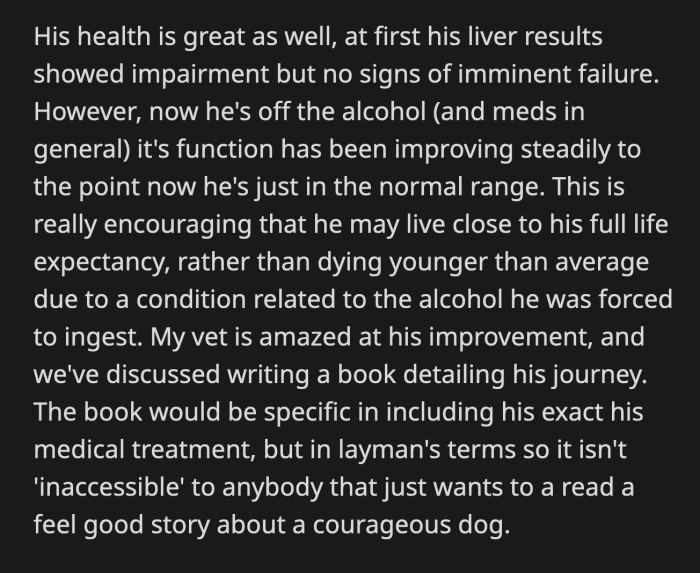 OP and Digger's vet thought of writing a book to discuss the dog's incredible recovery to help other owners out there who might encounter their own Digger