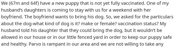 She and her husband have a puppy that's not fully vaccinated yet. Her stepdaughter wants to bring her boyfriend and his dog for a visit.