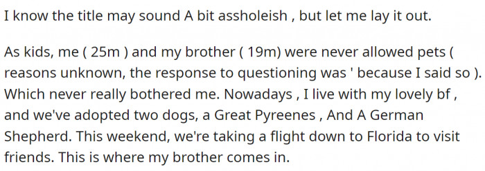 They were never allowed pets when they were kids, so his brother has no experience watching them.