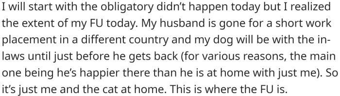 OP realized the extent of her mistake today. Her husband is away for a short work placement in a different country, and her dog will be with the in-laws until just before he returns.