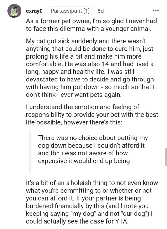 This Redditor is glad never to have faced this dilemma with a younger animal