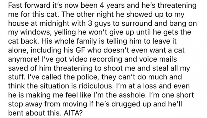 Four years later, and the Redditor is receiving threats and abuse. The male involved even turned up at the OP's house with three of his friends, banging on her windows and screaming at her to give the cat back.