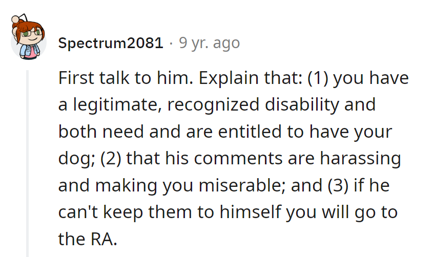 Sit, stay, talk: Legit need for her dog, his comments fetch trouble, and the RA's leash is ready.