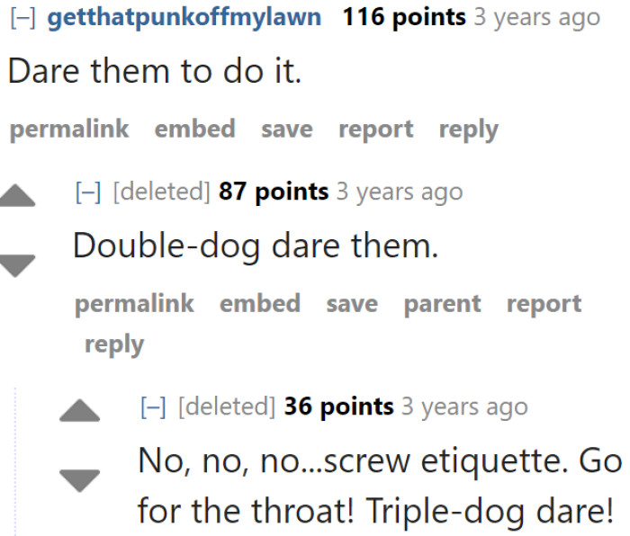 Some users thought that things would have been entertaining if the OP dared this person to report them to the authorities over this conversation.